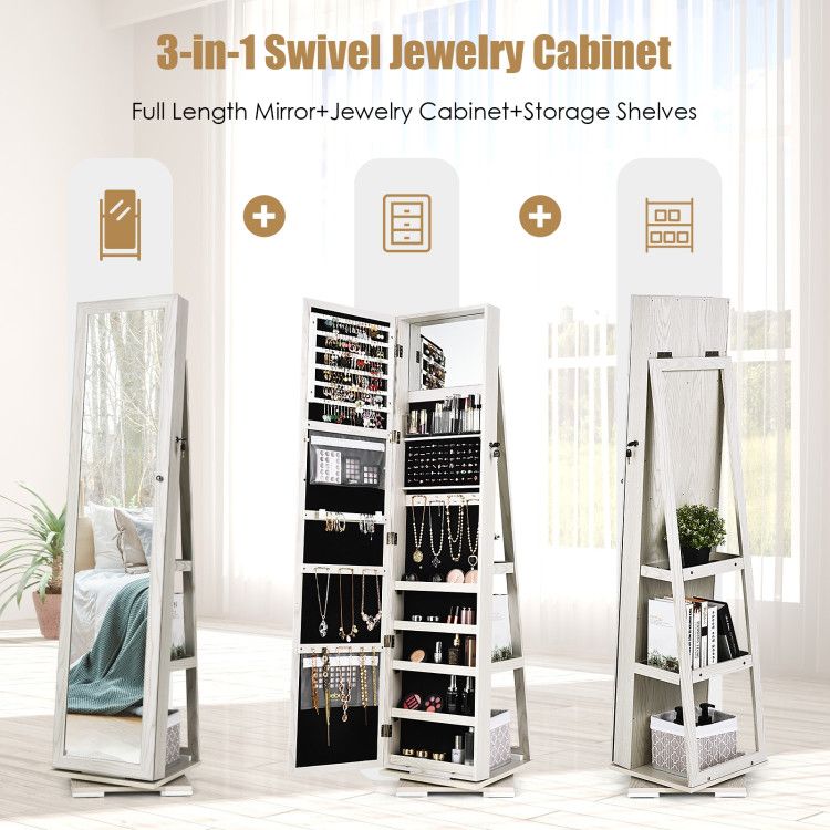 360° Rotating Jewelry Cabinet with Full-Length Mirror