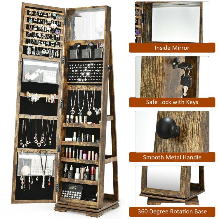 360° Rotating Jewelry Cabinet with Full-Length Mirror