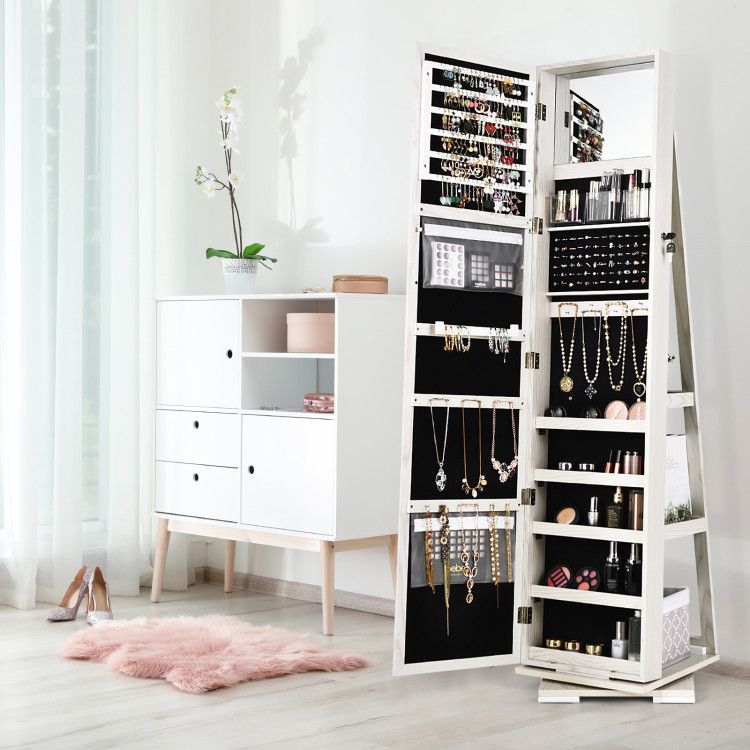 360° Rotating Jewelry Cabinet with Full-Length Mirror