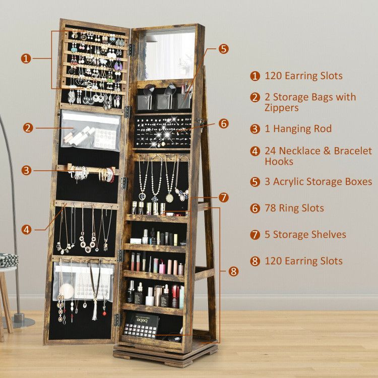 360° Rotating Jewelry Cabinet with Full-Length Mirror
