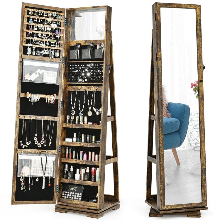 360° Rotating Jewelry Cabinet with Full-Length Mirror