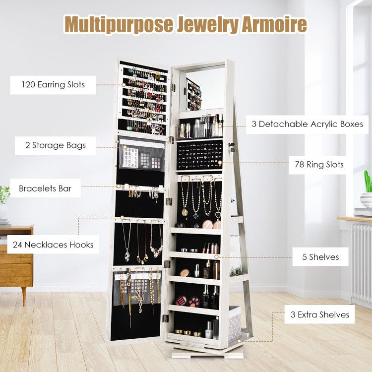 360° Rotating Jewelry Cabinet with Full-Length Mirror