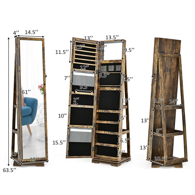 360° Rotating Jewelry Cabinet with Full-Length Mirror