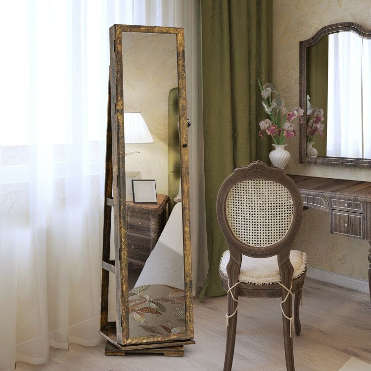 360° Rotating Jewelry Cabinet with Full-Length Mirror