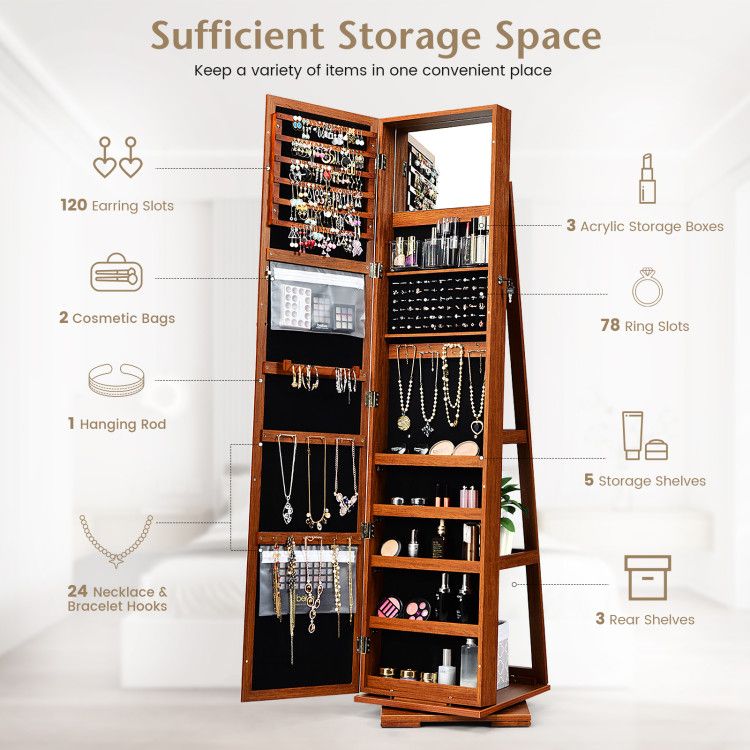 360° Rotating Jewelry Cabinet with Full-Length Mirror