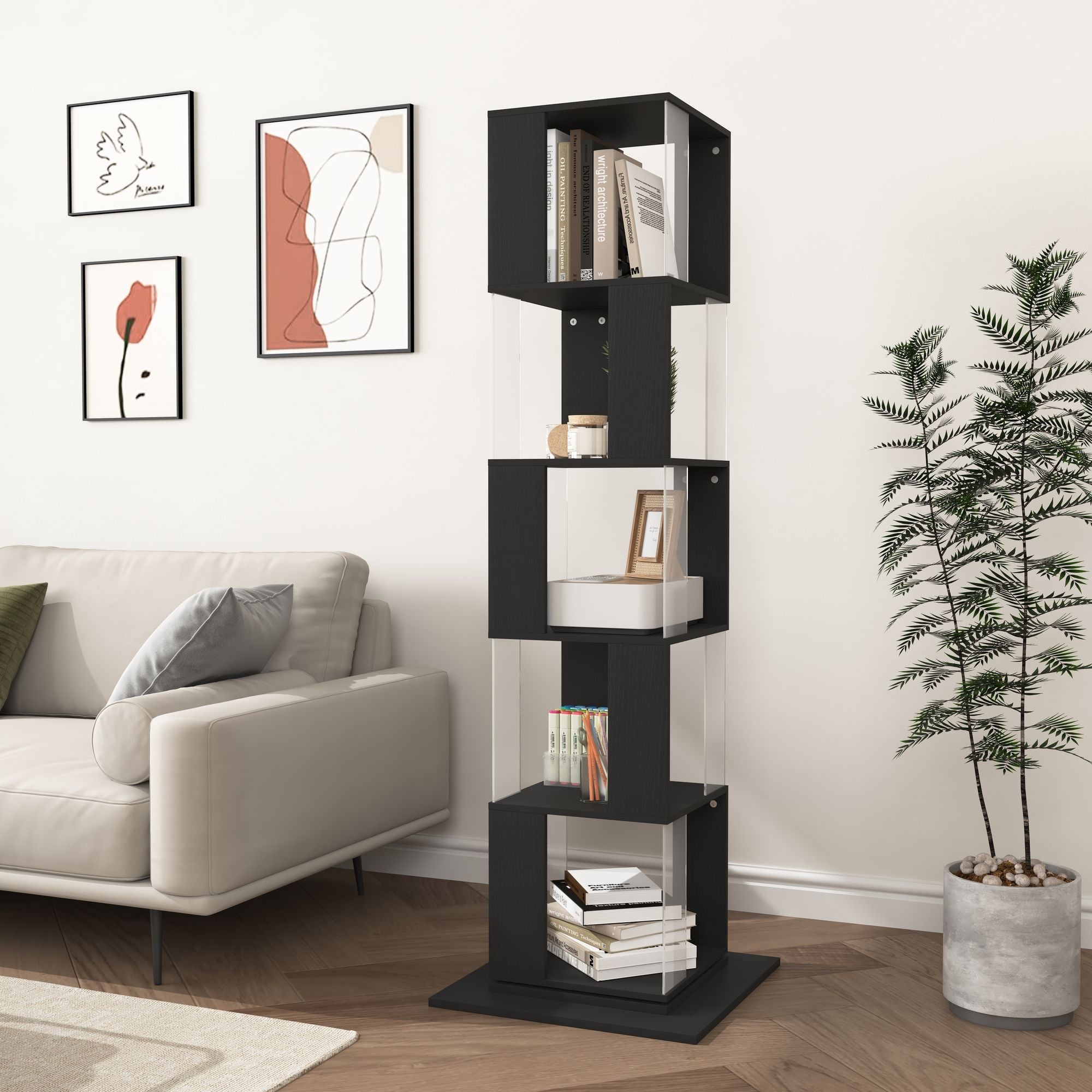 360° Rotating Bookshelf with Acrylic Plate - 5-Tier Modern Display Shelf for Living Room, Home Office