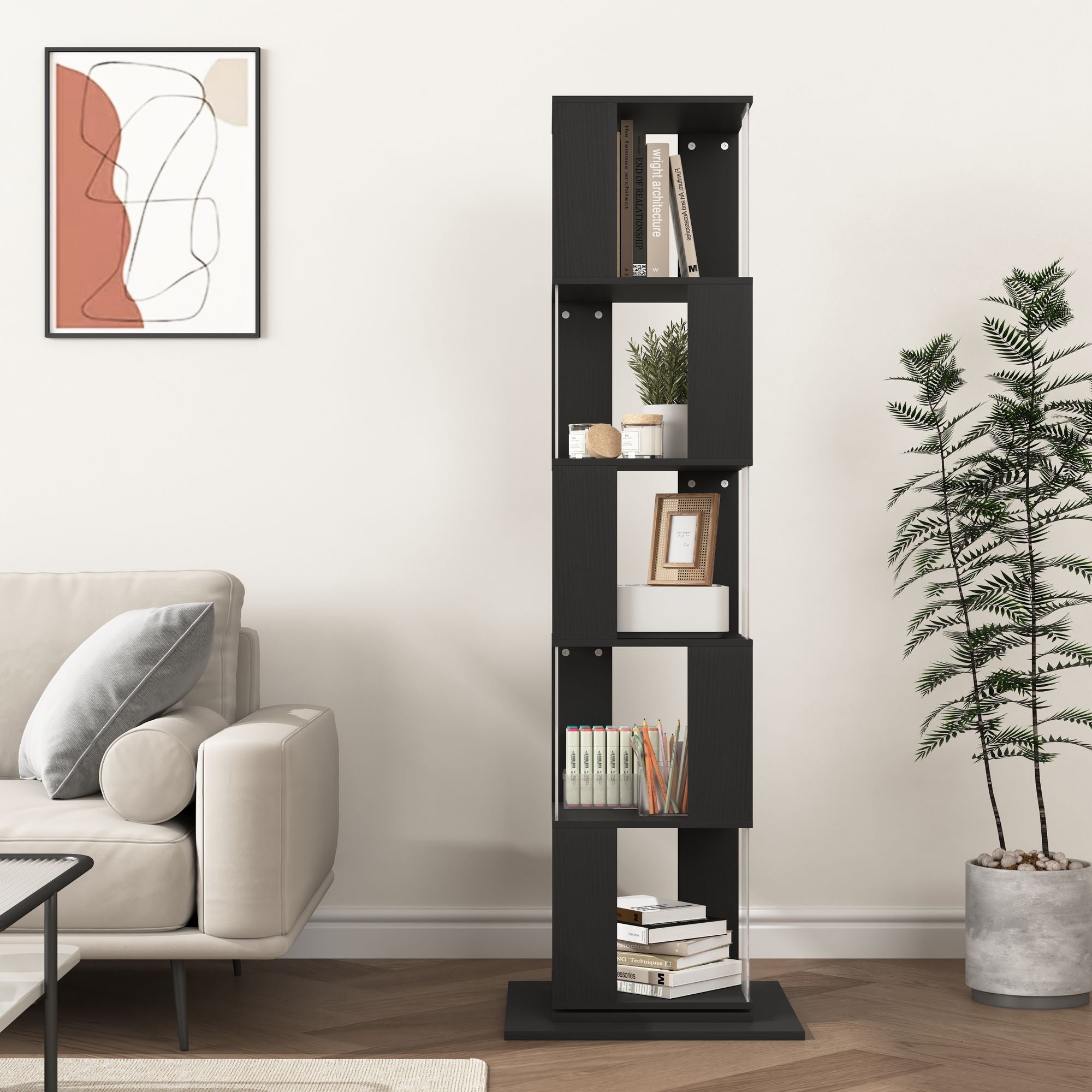360° Rotating Bookshelf with Acrylic Plate - 5-Tier Modern Display Shelf for Living Room, Home Office