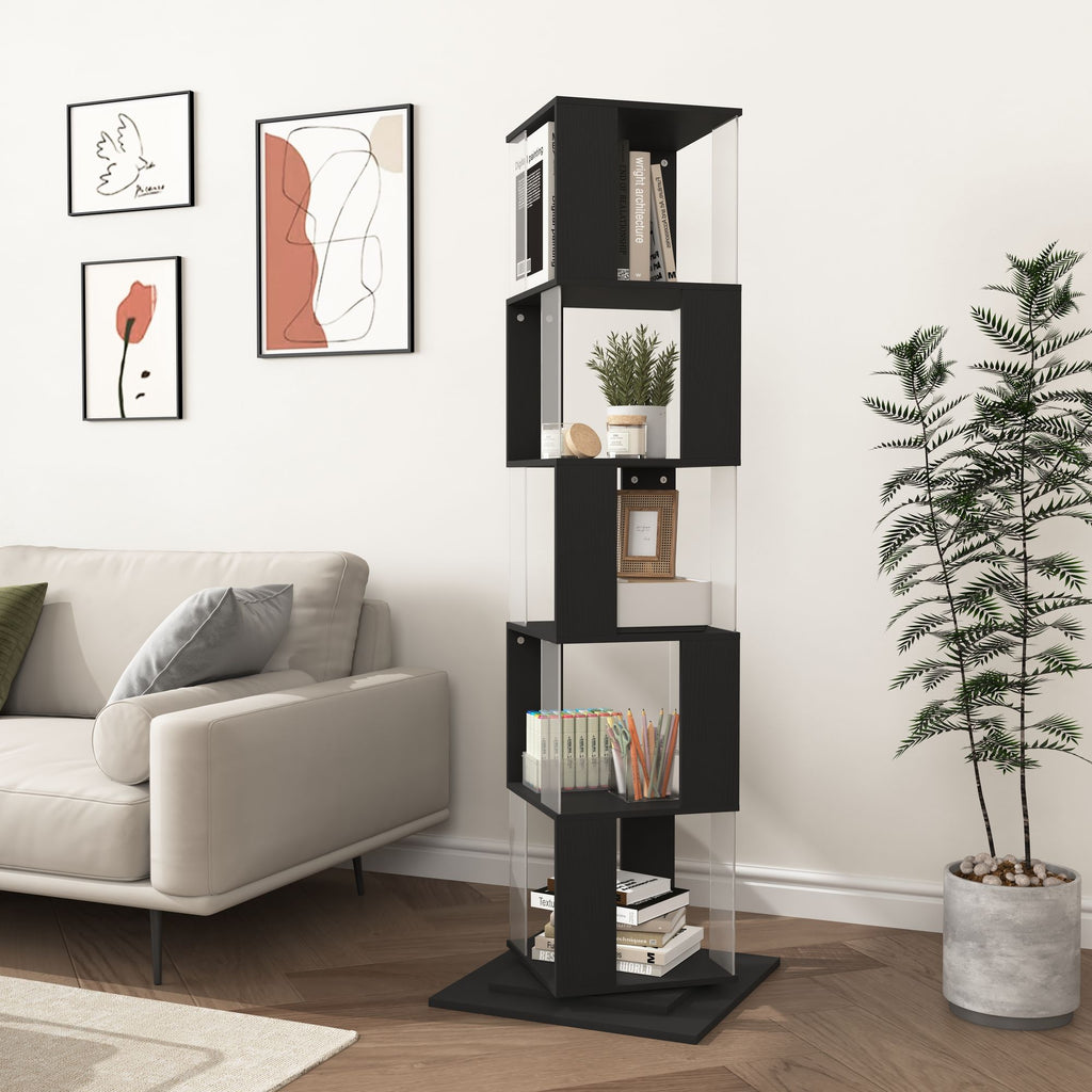 360° Rotating Bookshelf with Acrylic Plate - 5-Tier Modern Display Shelf for Living Room, Home Office