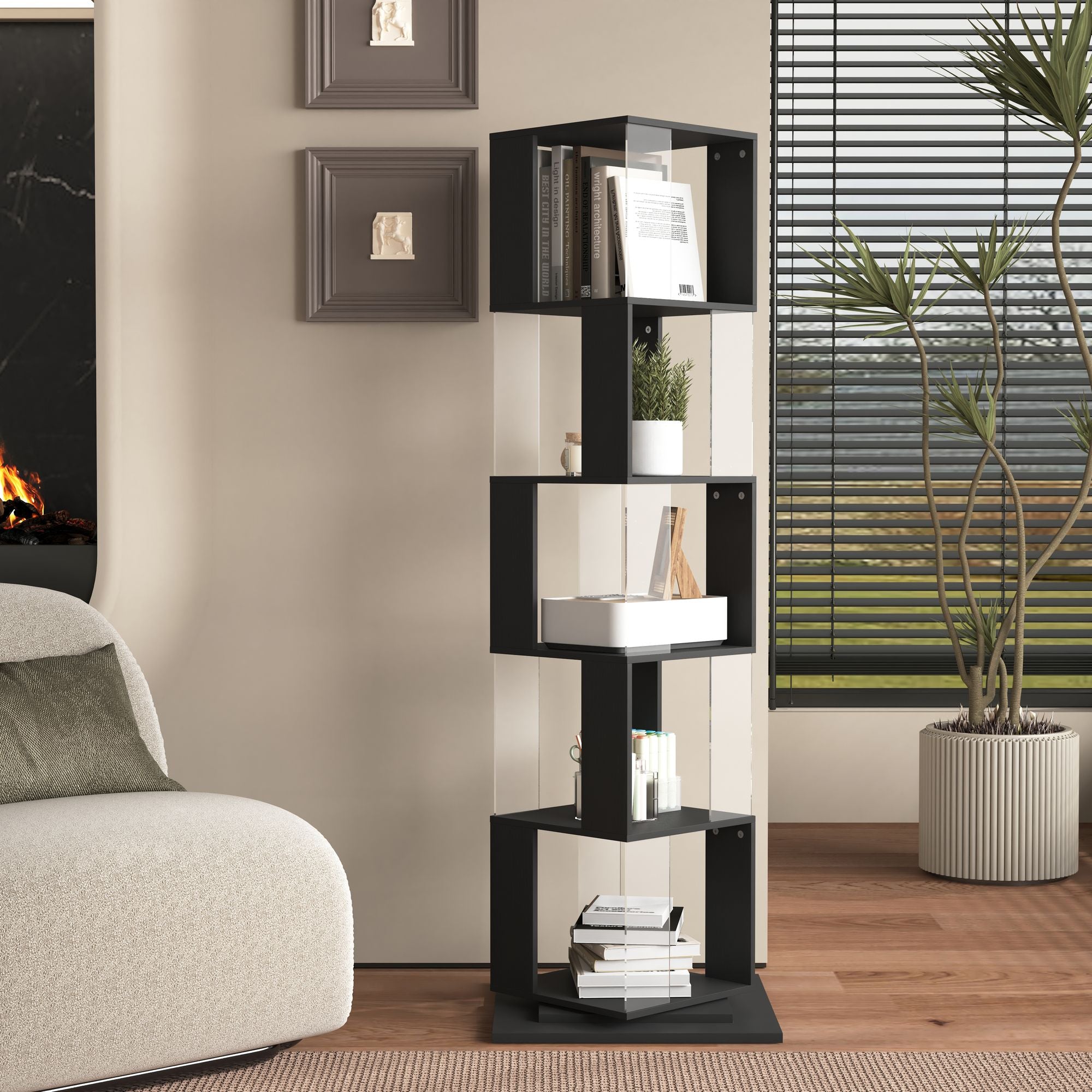360° Rotating Bookshelf with Acrylic Plate - 5-Tier Modern Display Shelf for Living Room, Home Office