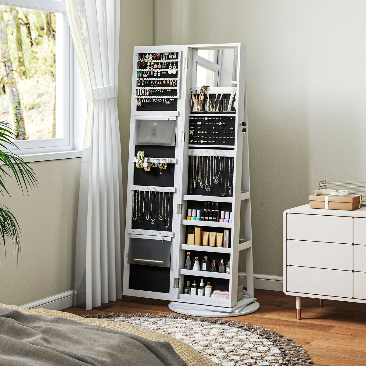 Swivel Mirror Jewelry Armoire with Locking Storage