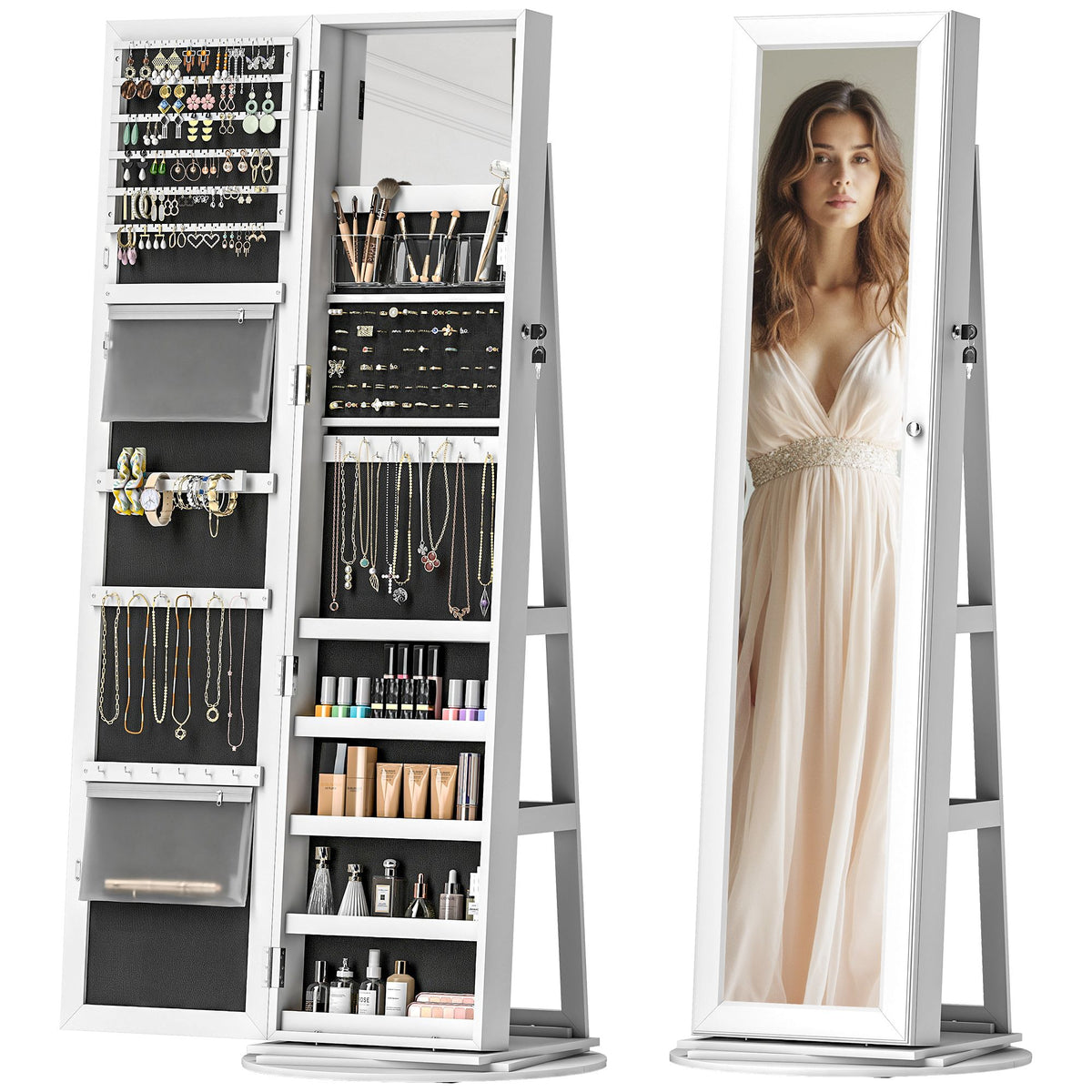 Swivel Mirror Jewelry Armoire with Locking Storage