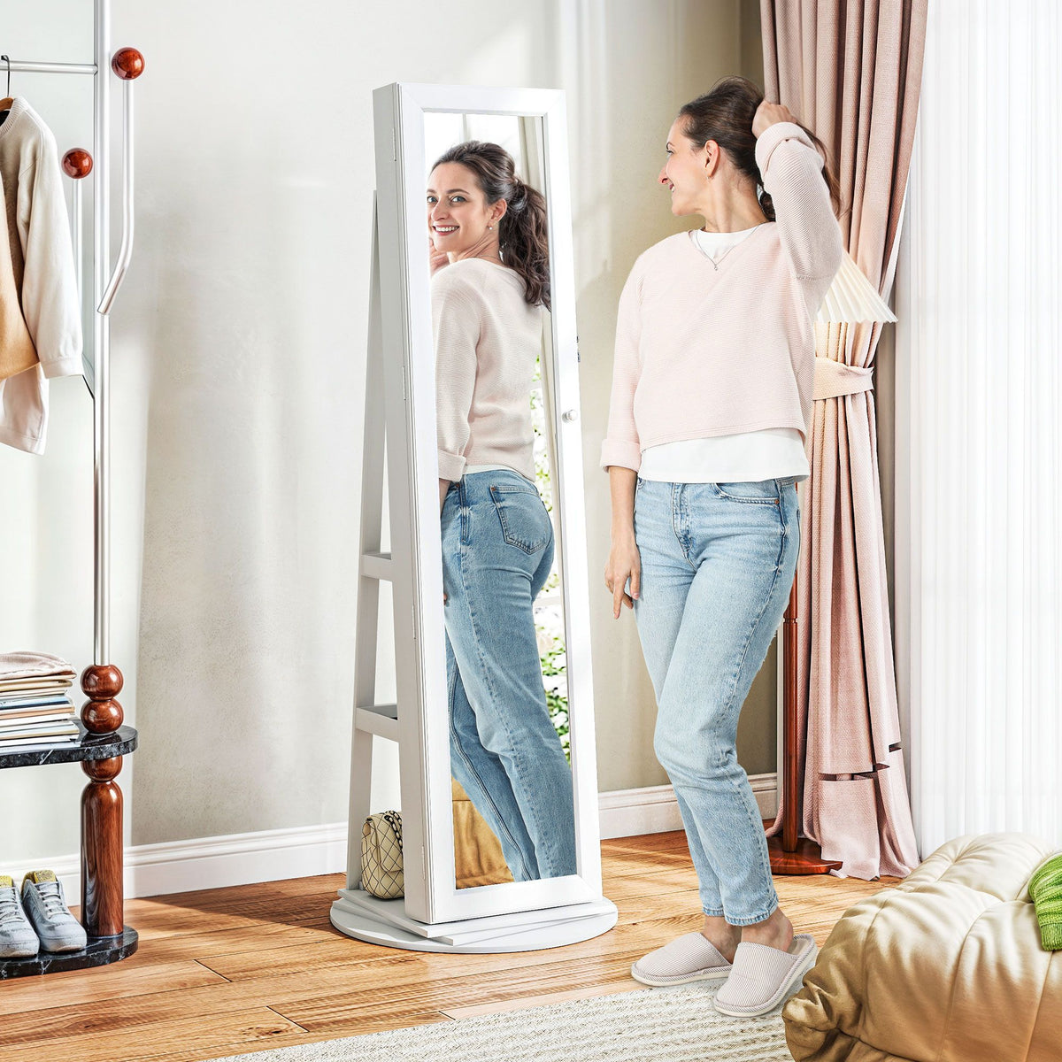 Swivel Mirror Jewelry Armoire with Locking Storage