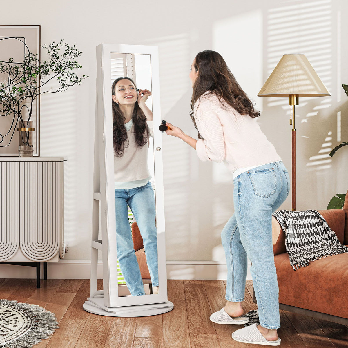 Swivel Mirror Jewelry Armoire with Locking Storage
