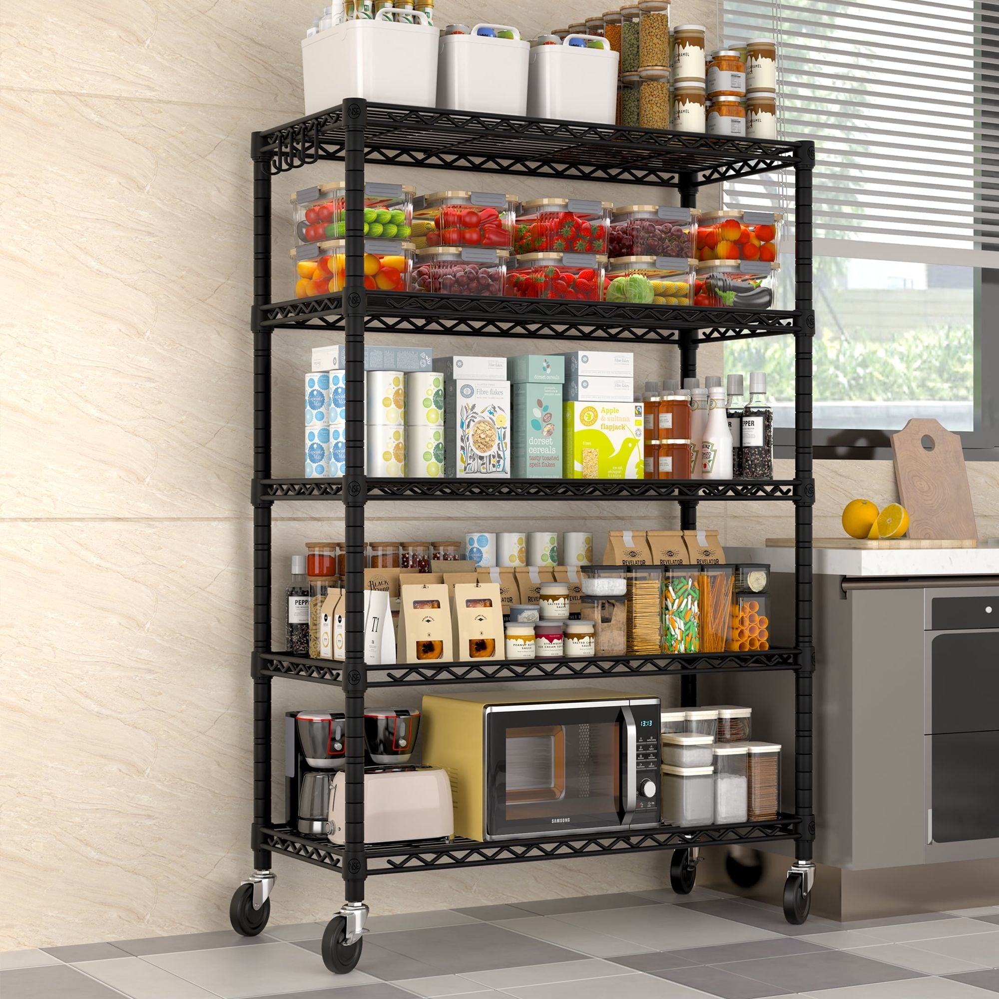 Mobile Five-Tier Shelving with Adjustable Levels