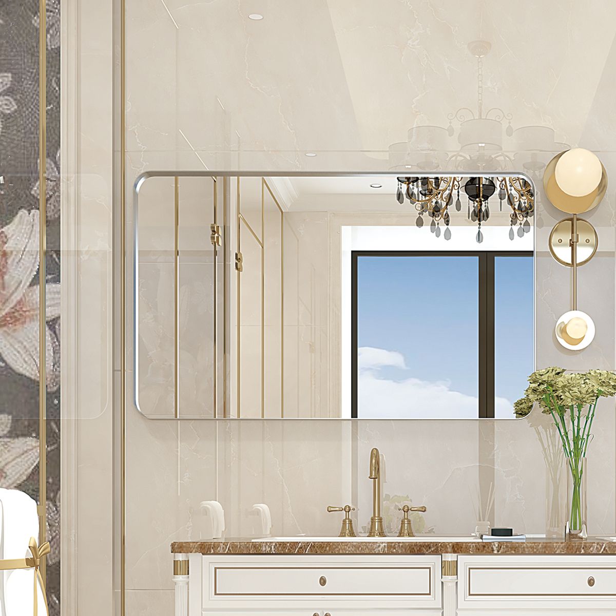 Brushed Silver Rounded Rectangle Bathroom Mirror