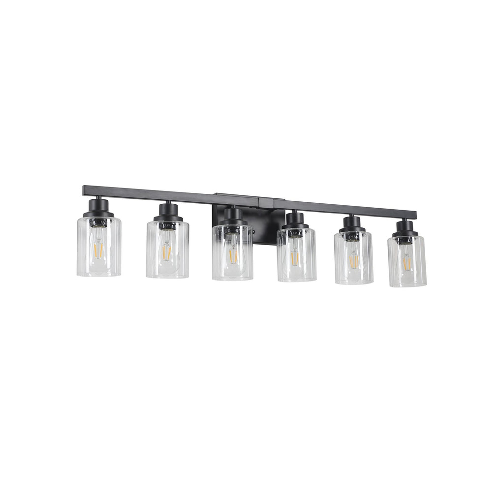 Six-Light Black Bathroom Vanity Fixture with Clear Shades