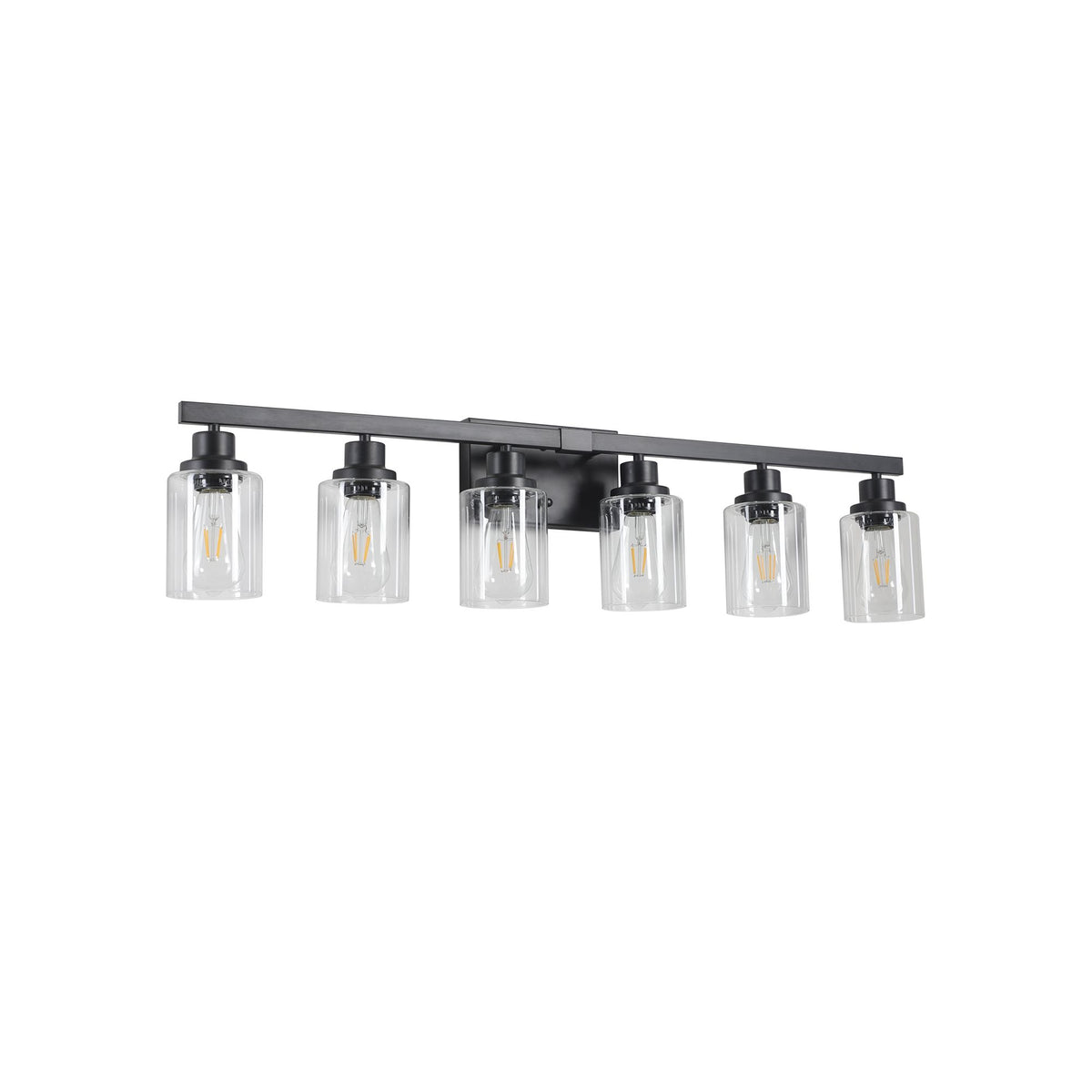 Six-Light Black Bathroom Vanity Fixture with Clear Shades