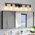 Six-Light Black Bathroom Vanity Fixture with Clear Shades