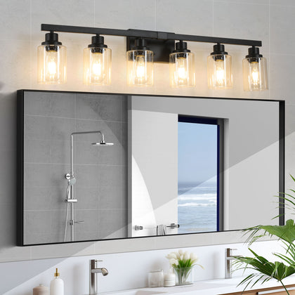 Six-Light Black Bathroom Vanity Fixture with Clear Shades