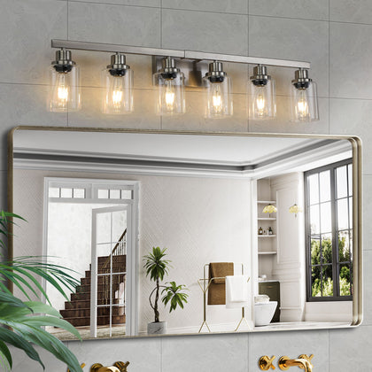 Modern 6-Light Bathroom Vanity Light - Brushed Nickel with Clear Glass Shades