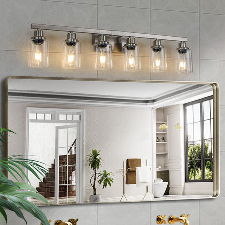 Modern 6-Light Bathroom Vanity Light - Brushed Nickel with Clear Glass Shades