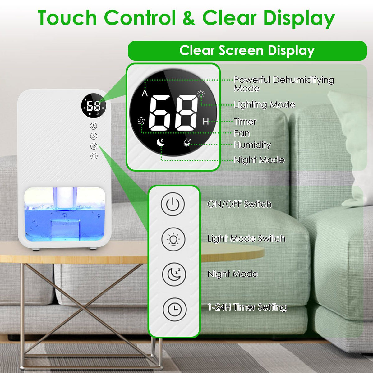 Compact Dehumidifier with Humidity Display, Timer, and Night Lighting