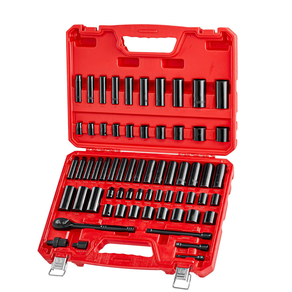 64-Piece 3/ Drive Impact Socket Set: Deep & Shallow Sockets, SAE & Metric, with Carrying Case