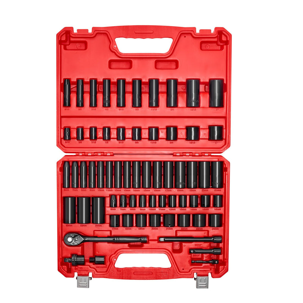 64-Piece 3/ Drive Impact Socket Set: Deep & Shallow Sockets, SAE & Metric, with Carrying Case