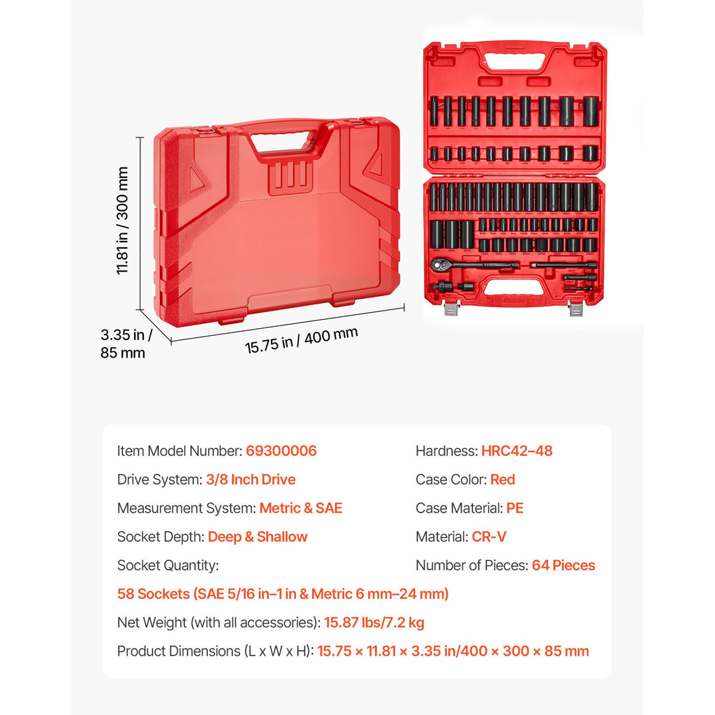 64-Piece 3/ Drive Impact Socket Set: Deep & Shallow Sockets, SAE & Metric, with Carrying Case