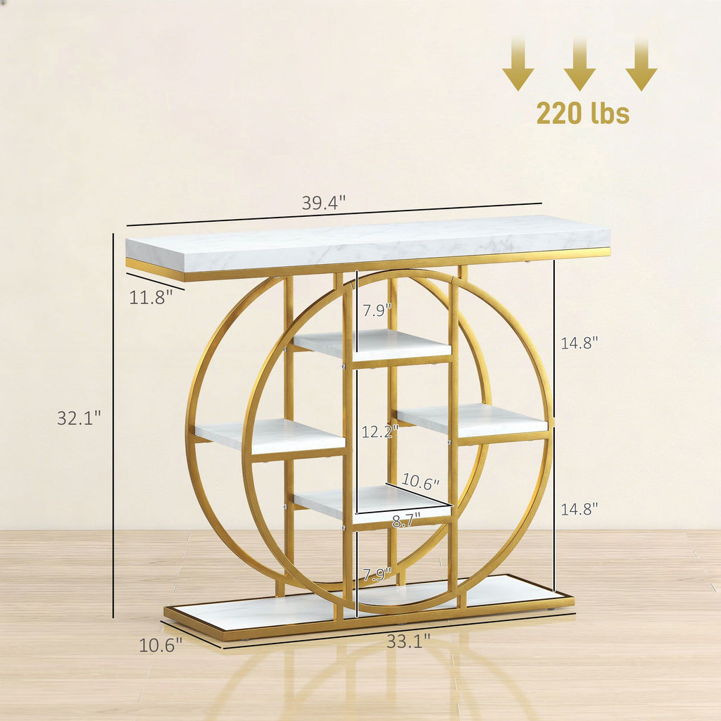 Industrial Console Table with Marble-Effect Shelves and Ample Storage