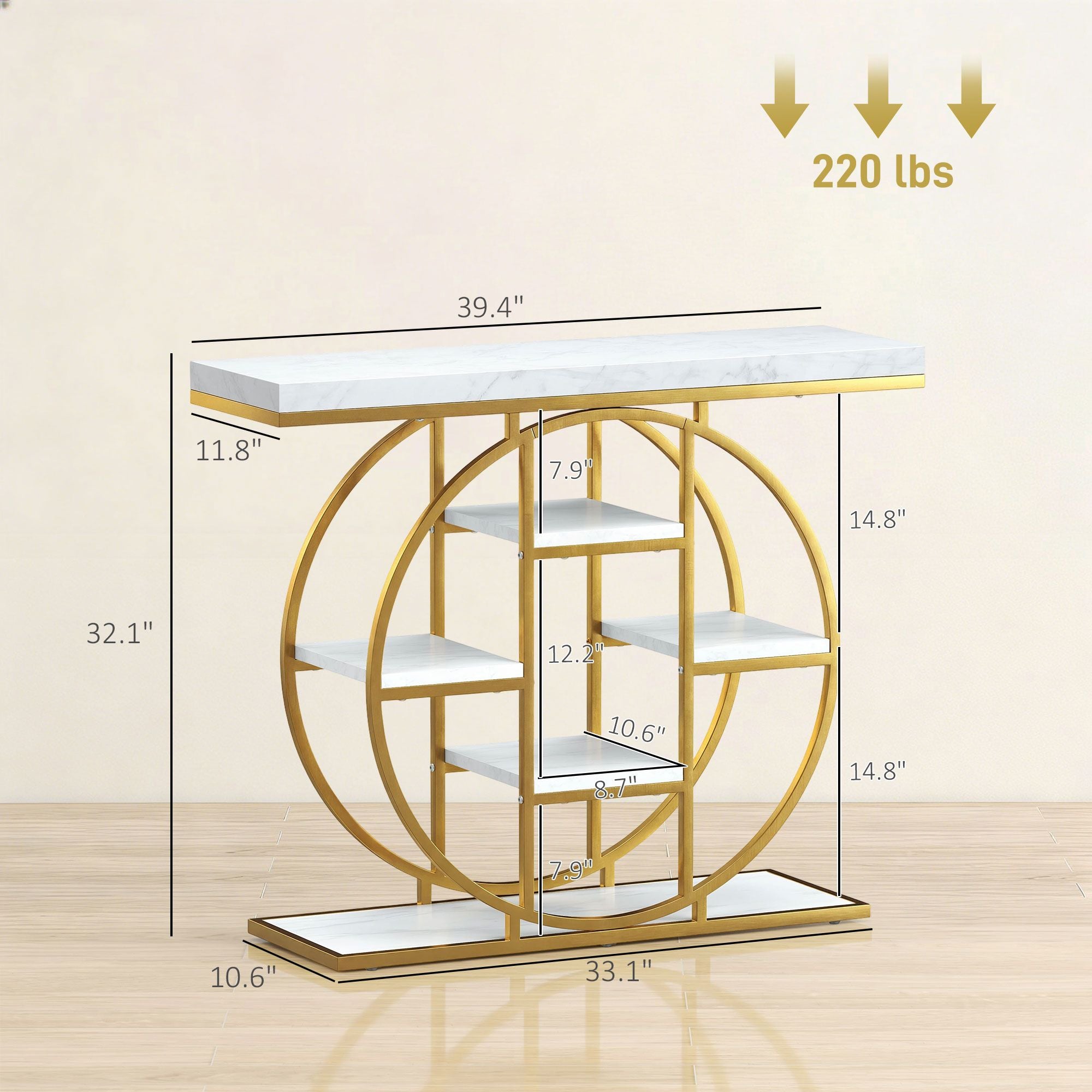 Industrial Console Table with Marble-Effect Shelves and Ample Storage
