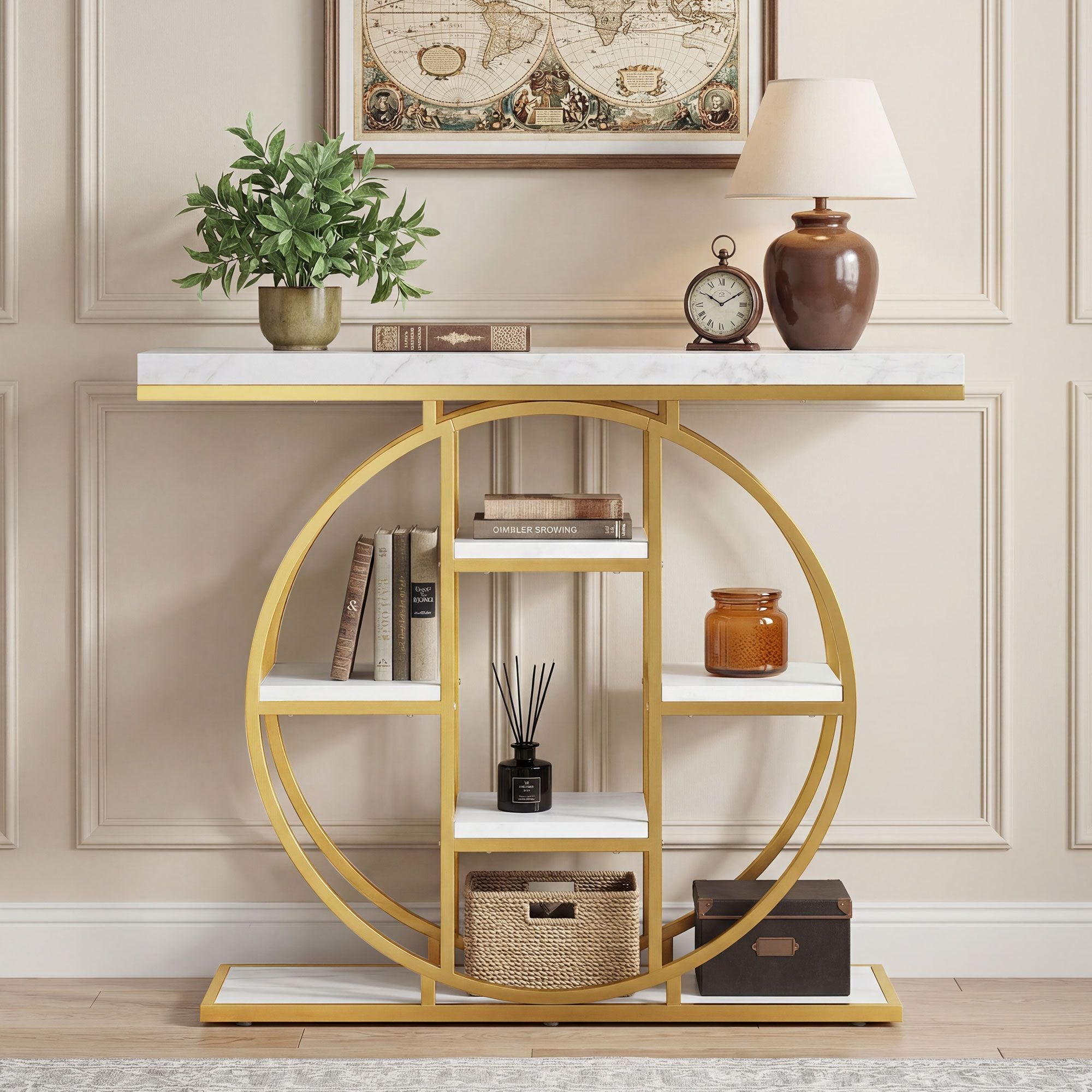 Industrial Console Table with Marble-Effect Shelves and Ample Storage