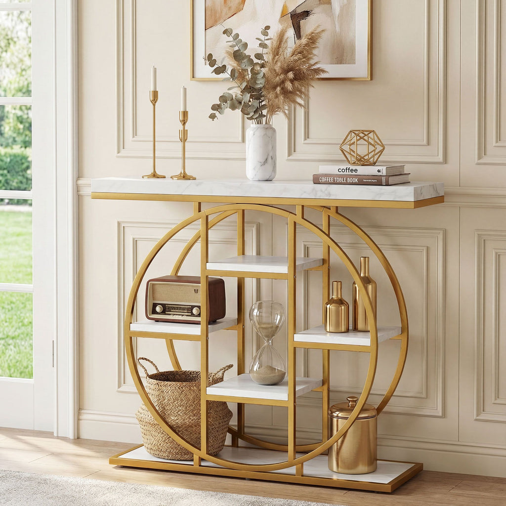 Industrial Console Table with Marble-Effect Shelves and Ample Storage