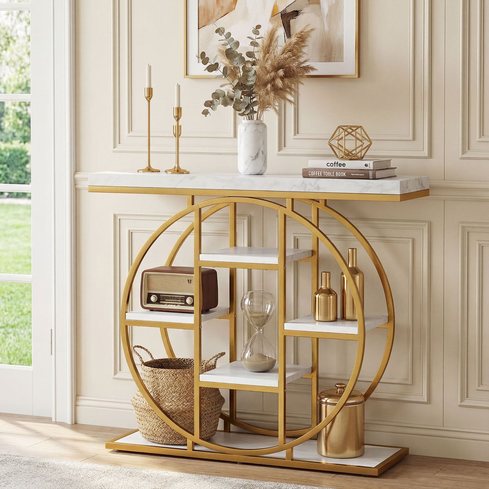 Industrial Console Table with Marble-Effect Shelves and Ample Storage