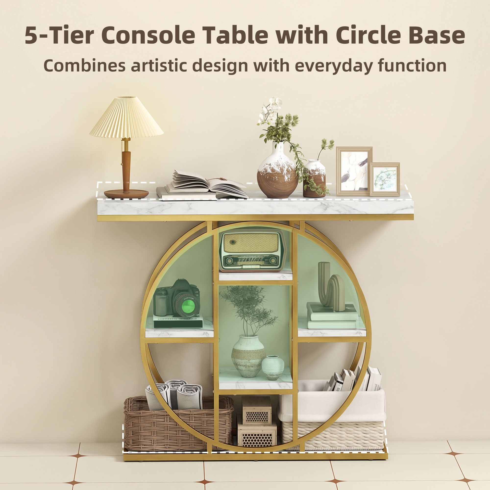 Industrial Console Table with Marble-Effect Shelves and Ample Storage