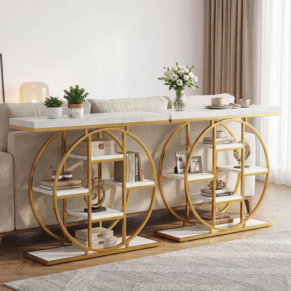 Industrial Console Table with Marble-Effect Shelves and Ample Storage