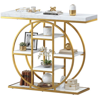 Industrial Console Table with Marble-Effect Shelves and Ample Storage