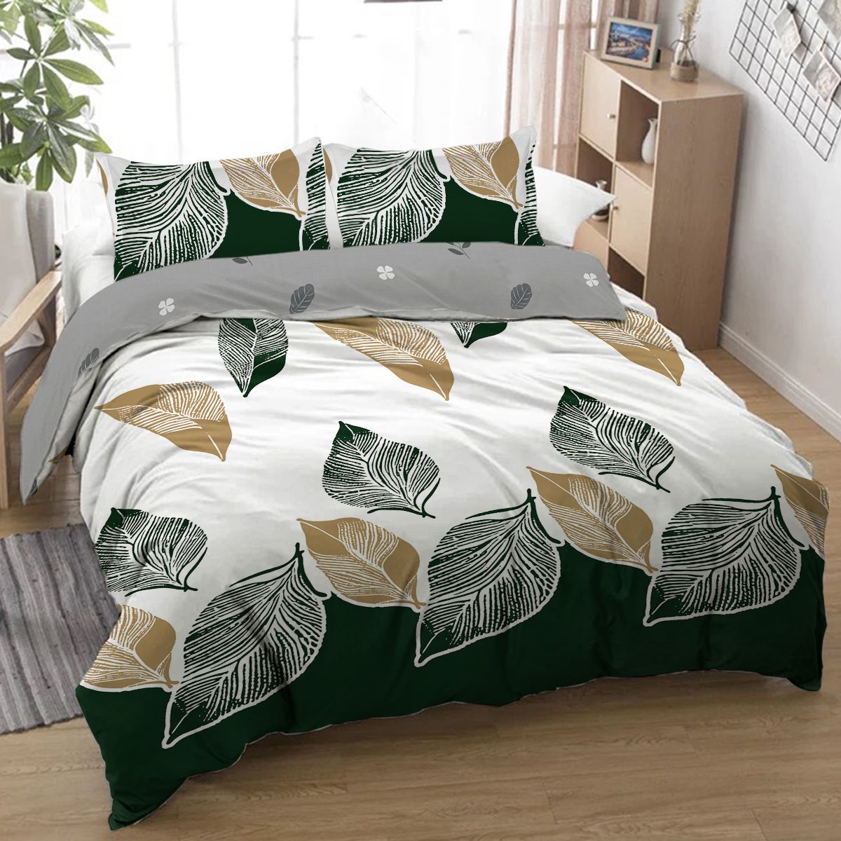 Minimalist Leaf Print Reversible Duvet Cover Set