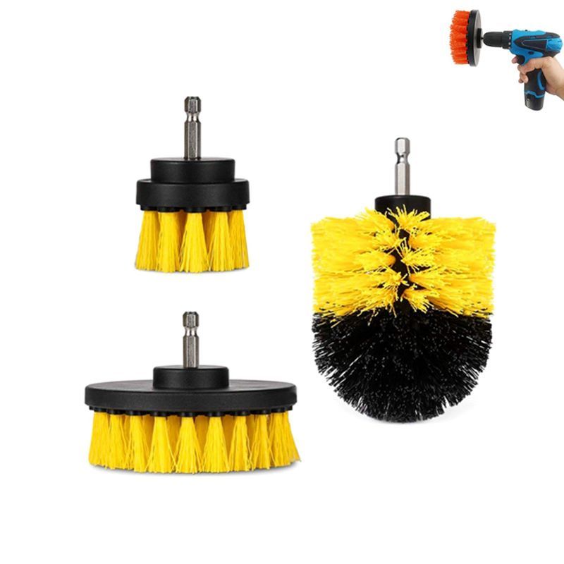 3-Piece Drill Brush Set for Deep Cleaning Tiles, Tub, and Carpet - Yellow / Cleaning Tool