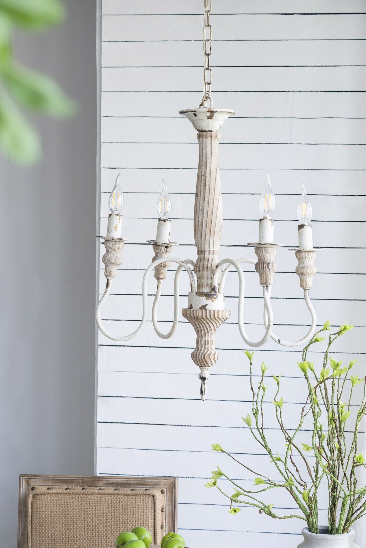 Rustic Distressed White Chandelier with Adjustable Chain