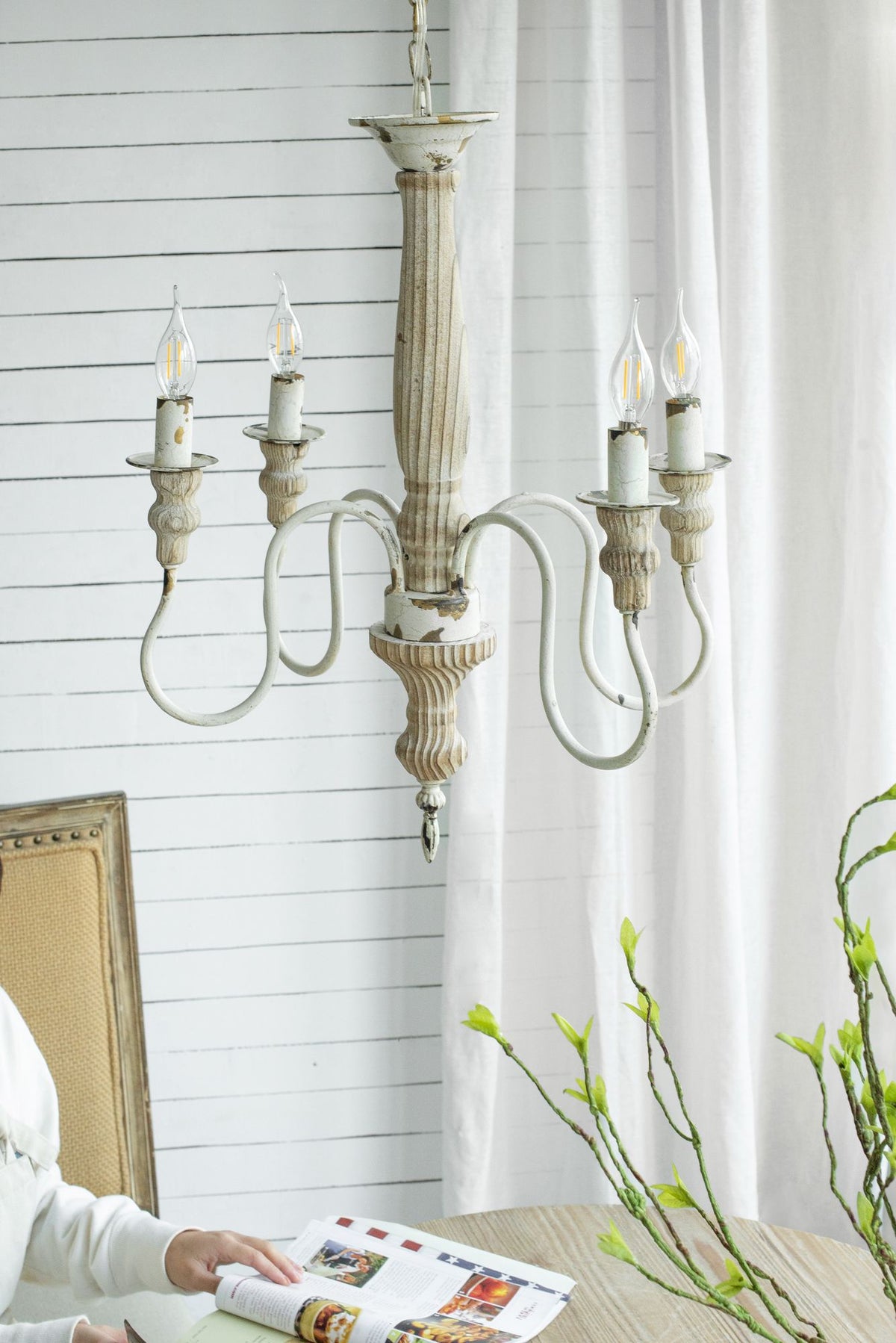 Rustic Distressed White Chandelier with Adjustable Chain