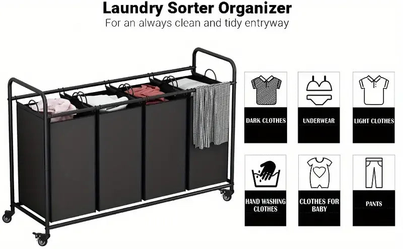 4-Bag Laundry Sorter Hamper Cart with Lockable Wheels and Removable Bags