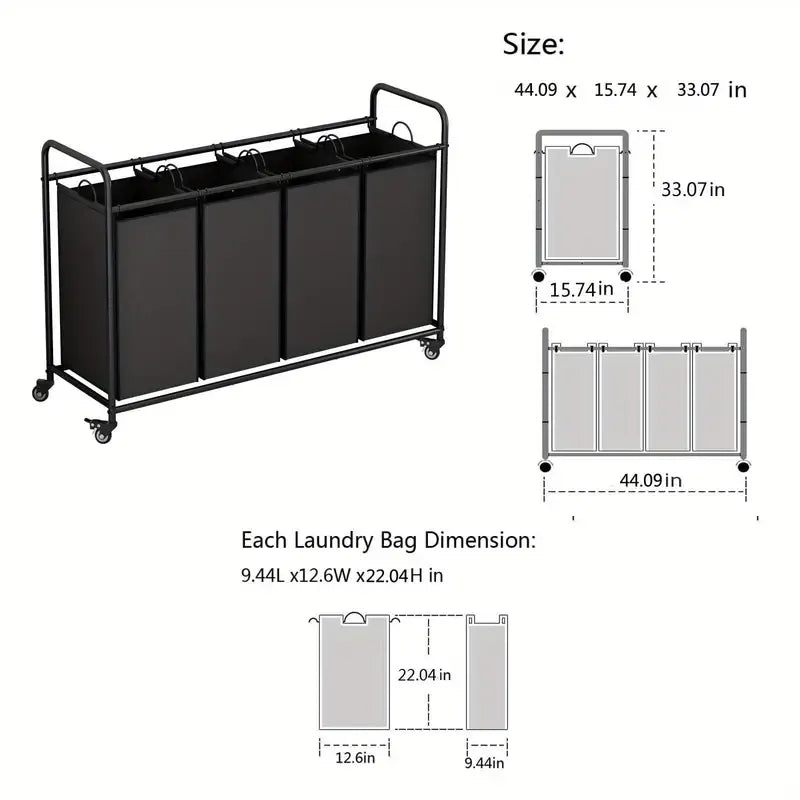 4-Bag Laundry Sorter Hamper Cart with Lockable Wheels and Removable Bags