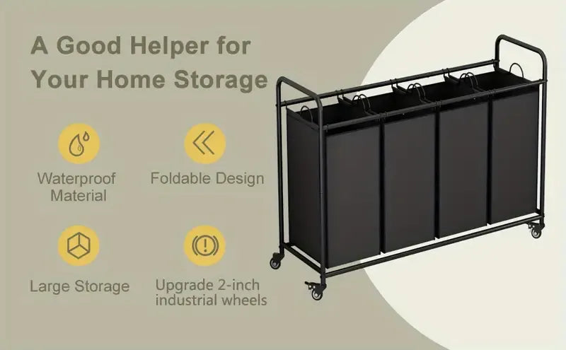 4-Bag Laundry Sorter Hamper Cart with Lockable Wheels and Removable Bags