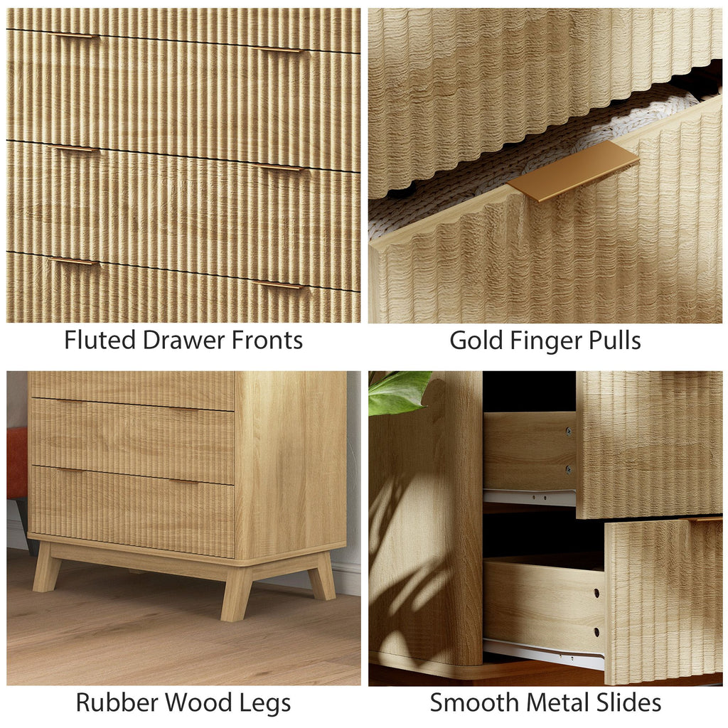 4 Drawer Double Dresser for Bedroom, Fluted Chest of Drawers with Gold Finger Pulls and 4
