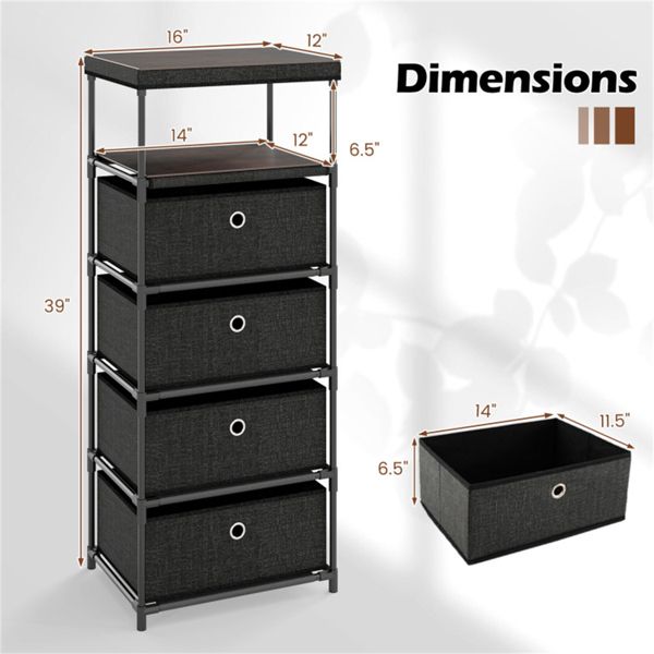 4-Drawer Fabric Storage Cabinet – Removable Drawers & Industrial Wood Top