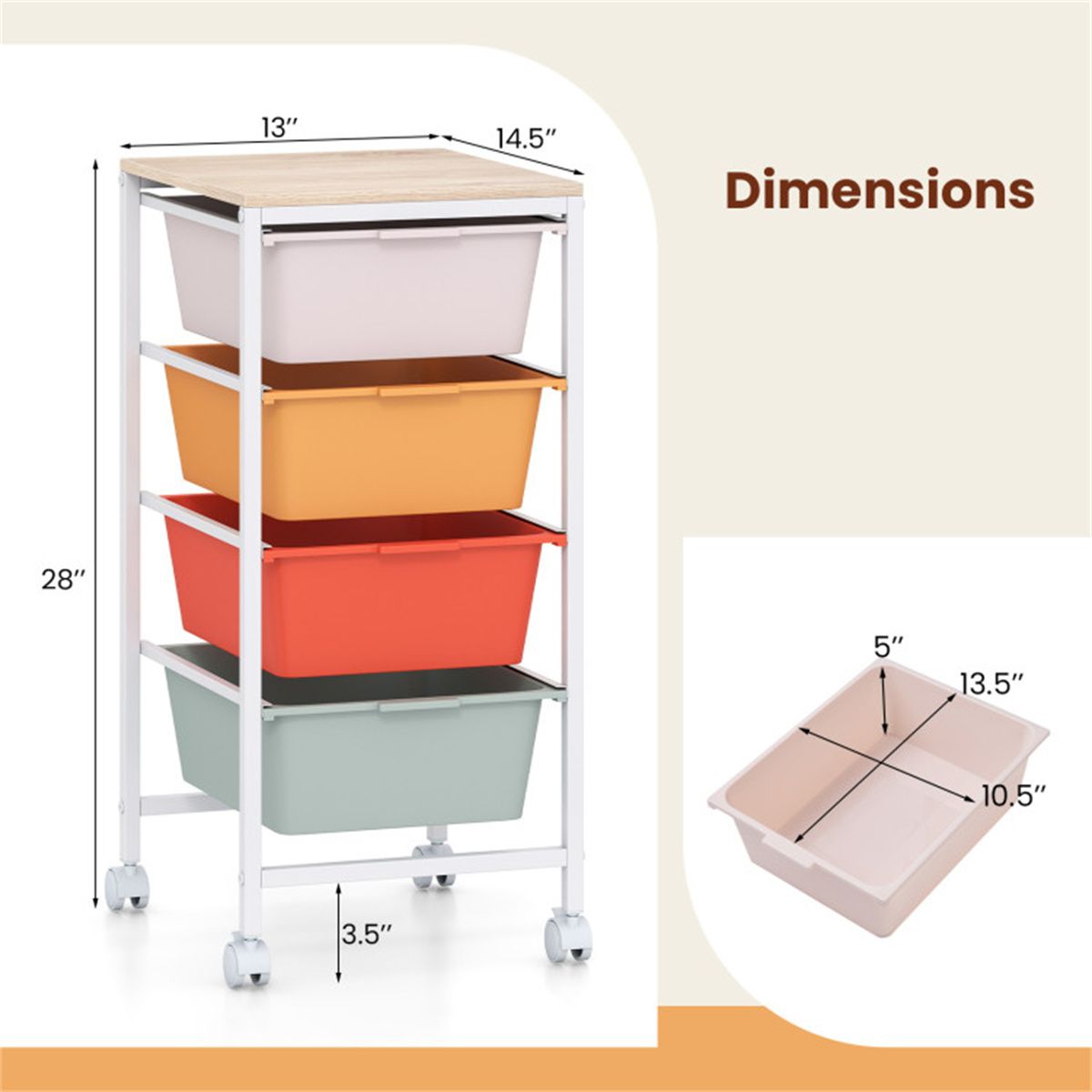 4-Drawer Rolling Storage Cart with Wooden Top – Mobile Organizer