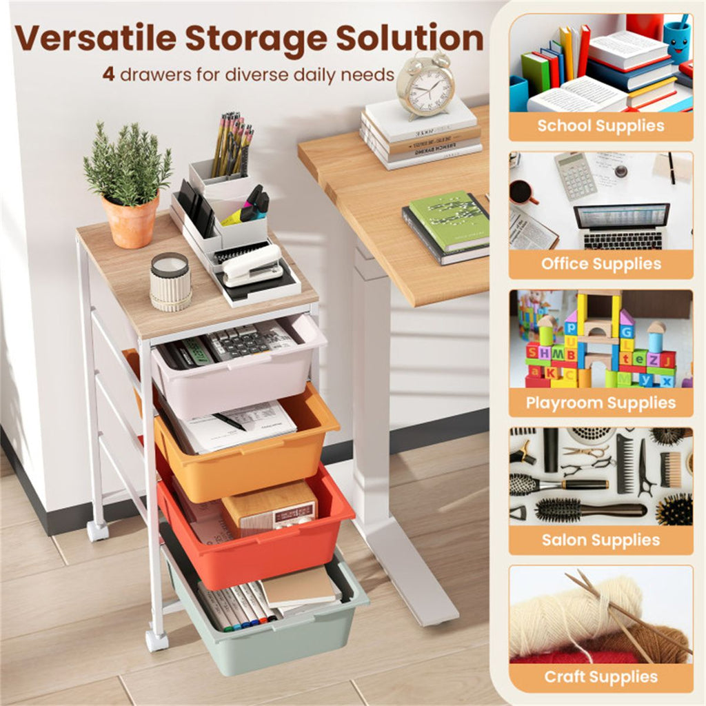4-Drawer Rolling Storage Cart with Wooden Top – Mobile Organizer