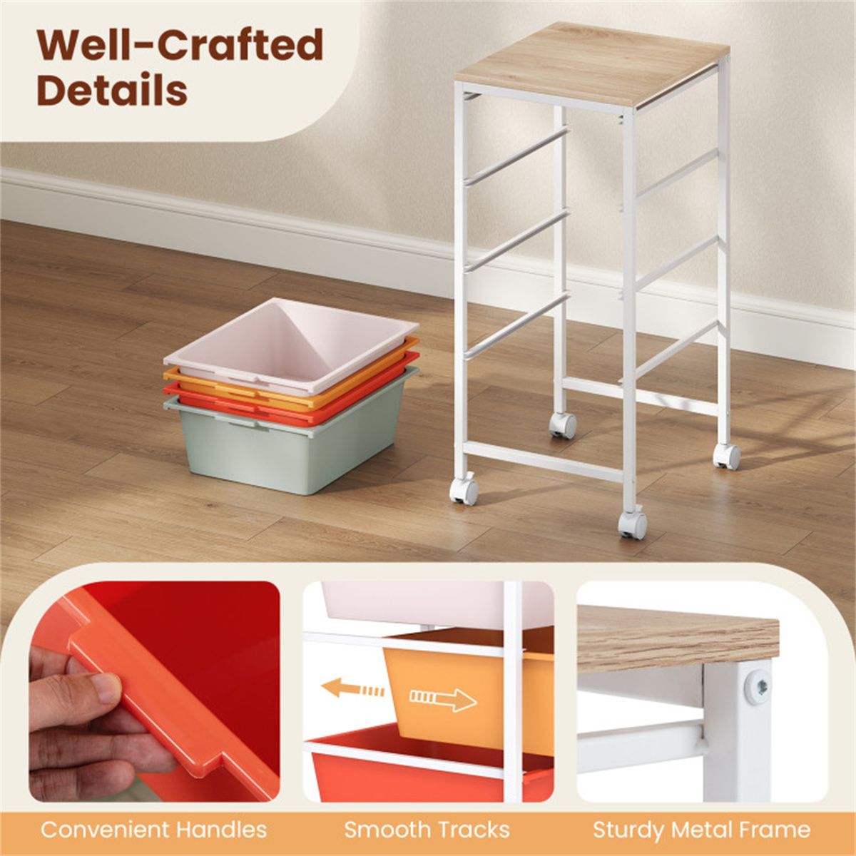 4-Drawer Rolling Storage Cart with Wooden Top – Mobile Organizer