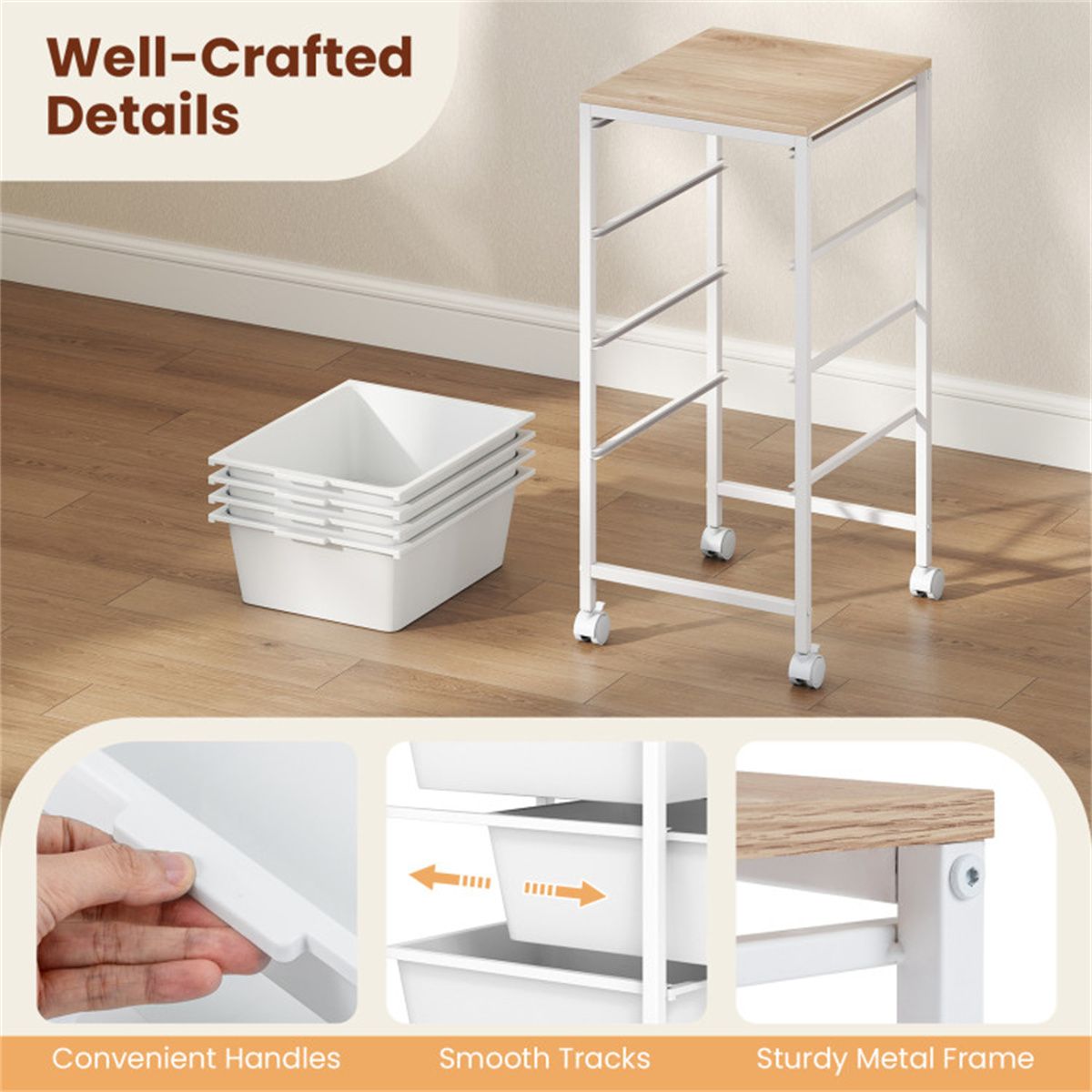 4-Drawer Rolling Storage Cart with MDF Wooden Top